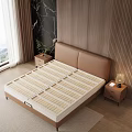 Modern Brown Leather Headboard Bed Frame With Beige Striped Mattress And Wooden Panel Wall