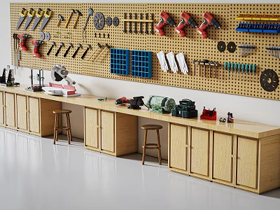 Organized Hardware Tools Workshop with Wall Pegboard Storage Cabinets and Workbench 3d model
