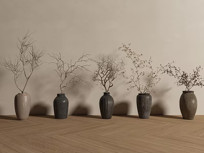 Neutral Color Decorative Vase Set with Dried Branches on Wooden Floor and Light Wall 3d model