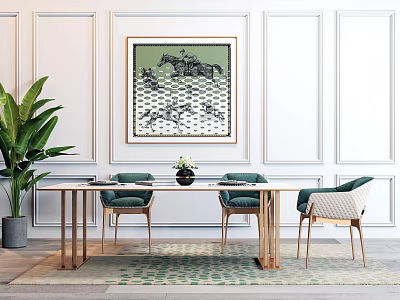 Modern Dining Table Set With Green Chairs Decorative Painting And Large Plant In Bright Room 3d model