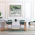 Modern Dining Table Set With Green Chairs Decorative Painting And Large Plant In Bright Room