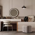 Elegant Modern Dressing Table with Round Mirror Chair Pendant Light and Illuminated Drawers