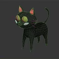 Cartoon Black Cat With Pink Ears Big Green Eyes Pink Cheeks Standing In
