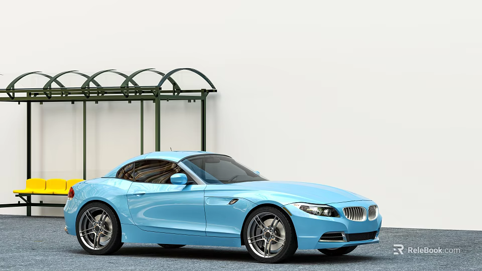 Light Blue Sports Car Parked With Green Canopy And White Background Wall 3d model 