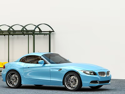 Light Blue Sports Car Parked With Green Canopy And White Background Wall 3d model