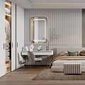 Modern Bedroom Interior With Bed Nightstand Mirror Wardrobe And Large Window 3d model