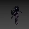 Purple Skinned Game Movie Character With Horns Long Black Hair Striped Body On Yellow Background