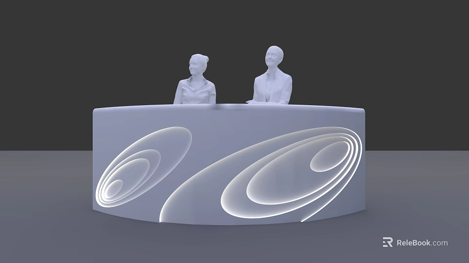 Store Front Desk with Two People and Illuminated Circular Patterns in White Design 3d model
