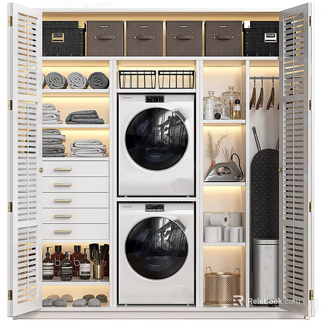 Functional Modern Bathroom Cabinetry With Double Washing Machines Storage Drawers And Towel Racks 3d model 