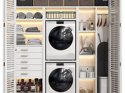 Functional Modern Bathroom Cabinetry With Double Washing Machines Storage Drawers And Towel Racks 3d model