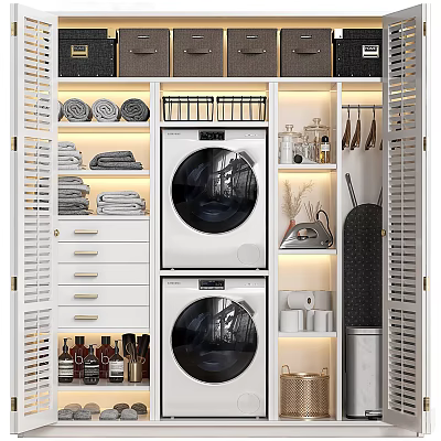 Functional Modern Bathroom Cabinetry With Double Washing Machines Storage Drawers And Towel Racks 3d model
