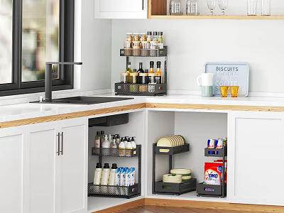 Organized Modern Kitchen With White Cabinets Wooden Countertop Storage Racks And Spices 3d model