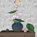 Pink Lotus Flowers In Dark Ceramic Vase On Wooden Cabinet With Gray Textured Wall
