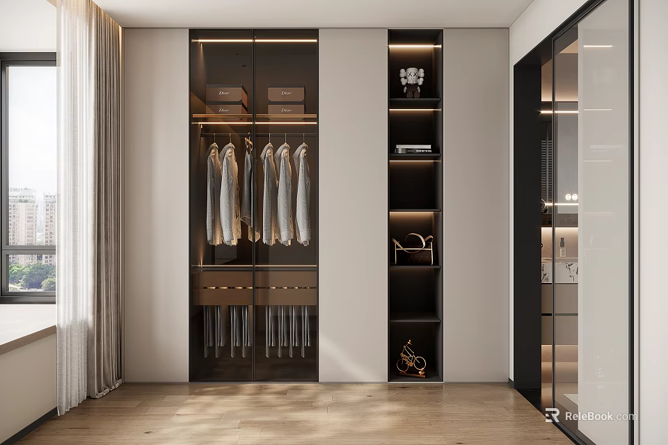 Modern Walk In Closet With Sliding Door Wardrobe Hanging Shirts Open Shelving And LED Lighting 3d model 