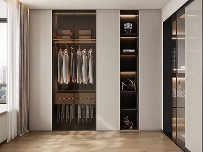 Modern Walk In Closet With Sliding Door Wardrobe Hanging Shirts Open Shelving And LED Lighting 3d model