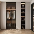 Modern Walk In Closet With Sliding Door Wardrobe Hanging Shirts Open Shelving And LED Lighting
