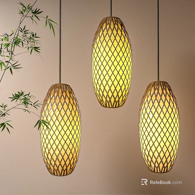 Bamboo Hanging Lanterns With Diamond Weave Design And Warm Yellow Glow 3d model 