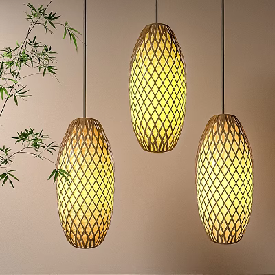 Bamboo Hanging Lanterns With Diamond Weave Design And Warm Yellow Glow 3d model
