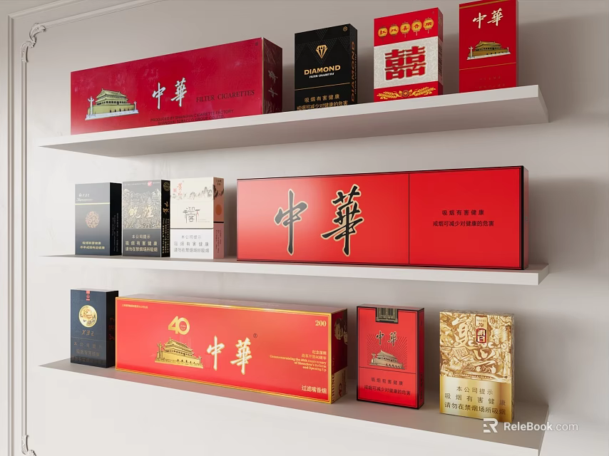 Various Brand Cigarette Packs Red Black Gold Colors on White Shelves 3d model 