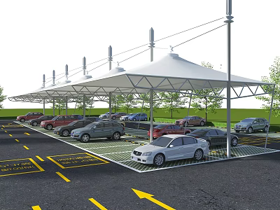 Modern Tensile Membrane Structure Covered Car Parking Lot With Parked Cars 3d model