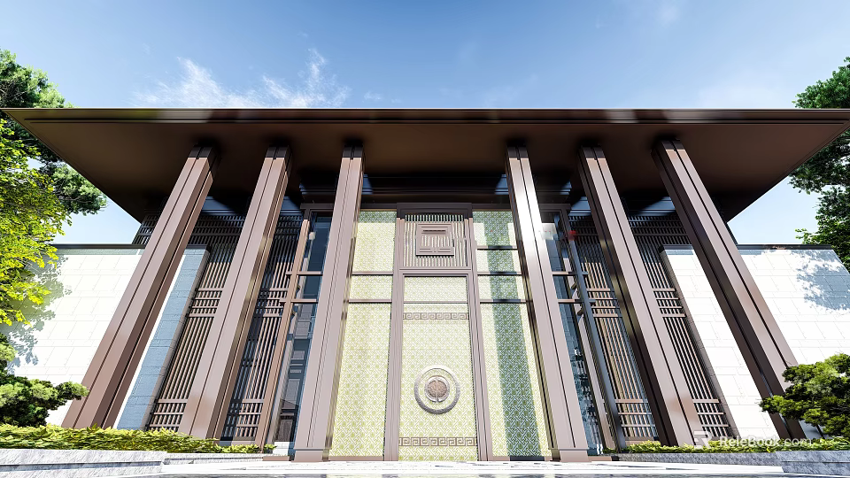 Modern Traditional Sales Office Building With Bronze Columns Carved Gate And Decorative Glass Panels 3d model 