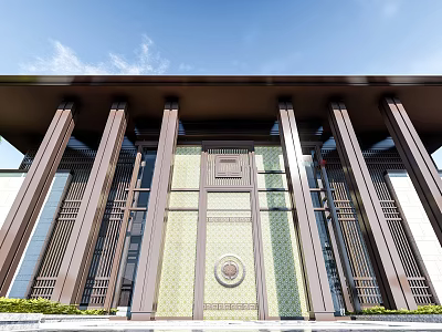 Modern Traditional Sales Office Building With Bronze Columns Carved Gate And Decorative Glass Panels 3d model