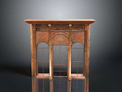 Ornate Copper Carved Door With Arched Windows And Intricate Patterns 3d model