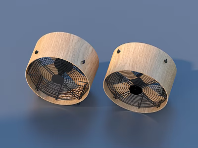 Two Wooden Cylindrical Air Conditioning Fans With Black Blades For Home Cooling Use 3d model