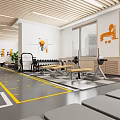 Modern Fitness Gym Interior With Squat Racks Barbells Workout Benches Mirrors And Marked Yellow Floors