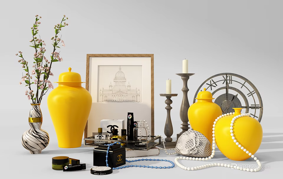 Elegant Decorative Ornament Set with Yellow Vases Picture Frame Candle Holders Clock and Beaded Necklace 3d model 