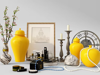 Elegant Decorative Ornament Set with Yellow Vases Picture Frame Candle Holders Clock and Beaded Necklace 3d model