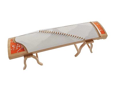 Traditional Chinese Zither Musical Instrument With Wooden Frame White Strings And Red Decorative Panels 3d model