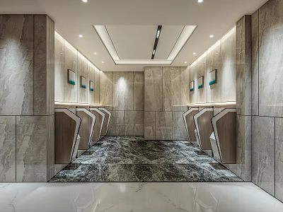 Modern Public Restroom Interior With Marble Walls Carpeted Floor And Decorative Paintings 3d model
