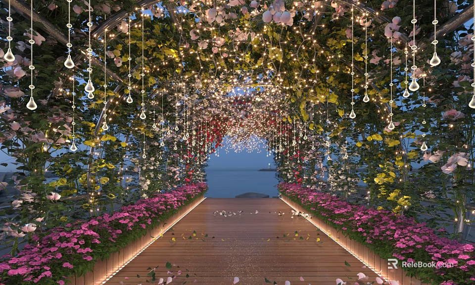 Elegant Pergola Decorated With Hanging Flowers String Lights Green Vines Wooden Pathway And Ocean View 3d model 