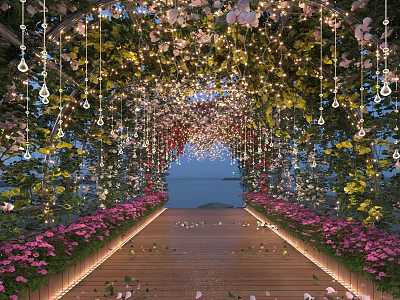 Elegant Pergola Decorated With Hanging Flowers String Lights Green Vines Wooden Pathway And Ocean View 3d model