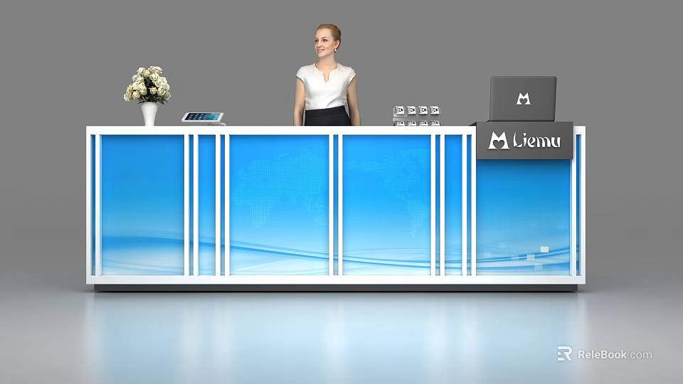 Blue Office Reception Desk with Liemu Logo Flower Vase Laptop and Tablet 3d model 