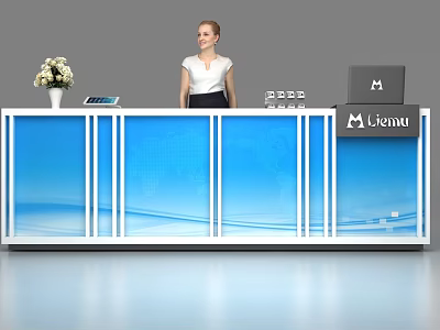 Blue Office Reception Desk with Liemu Logo Flower Vase Laptop and Tablet 3d model