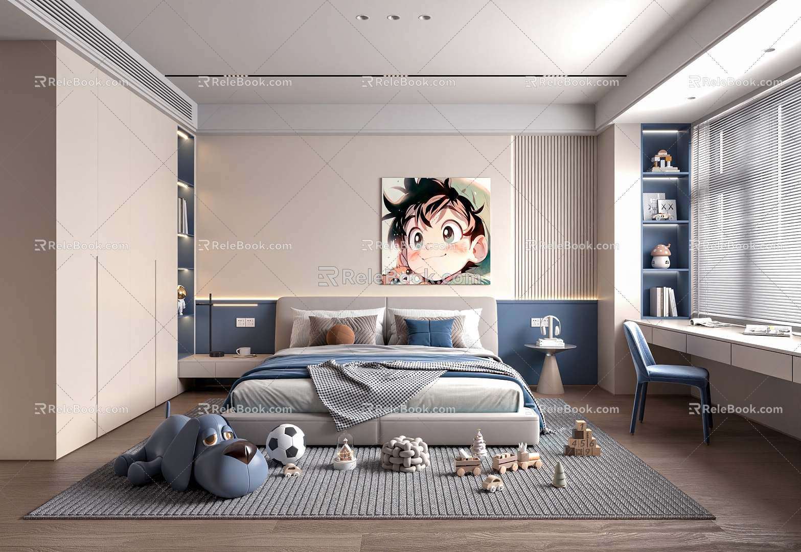 Modern Bedroom Children's Room Bed Blue Bedroom Wardrobe Boys Children's Room Children's Bed Single Chair Wardrobe Picture Toy Football 3d model