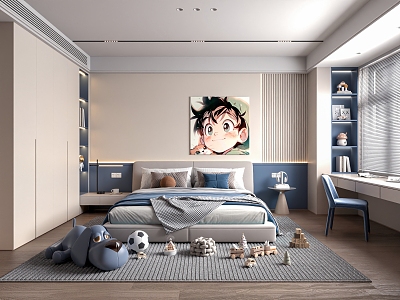 Modern Bedroom Children's Room Bed Blue Bedroom Wardrobe Boys Children's Room Children's Bed Single Chair Wardrobe Picture Toy Football 3d model