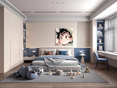 Modern Bedroom Interior Design With Bed Nightstand Wall Art Wardrobe Desk Chair And Toys 3d model