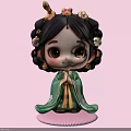 Cute Traditional Chinese Decorative Ornament Figurine Set With Green Robe Flower Accents And Pink Base