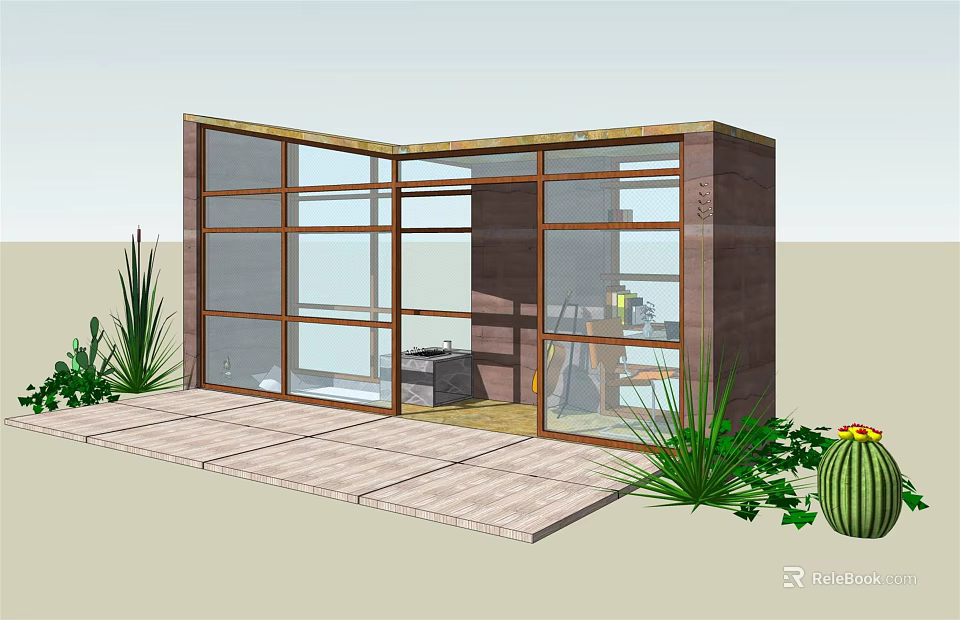 Modern Small Building With Glass Walls Wooden Structure Deck And Cactus Greenery Plants 3d model 