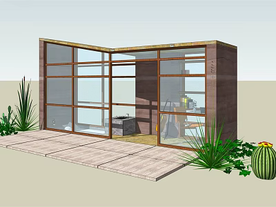 Modern Small Building With Glass Walls Wooden Structure Deck And Cactus Greenery Plants 3d model