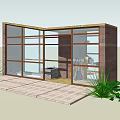 Modern Small Building With Glass Walls Wooden Structure Deck And Cactus Greenery Plants
