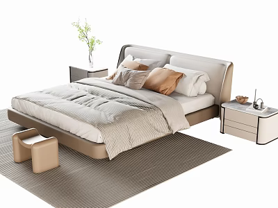 Modern Double Bed With Upholstered Headboard Decorative Pillows Bedside Tables And Striped Rug 3d model