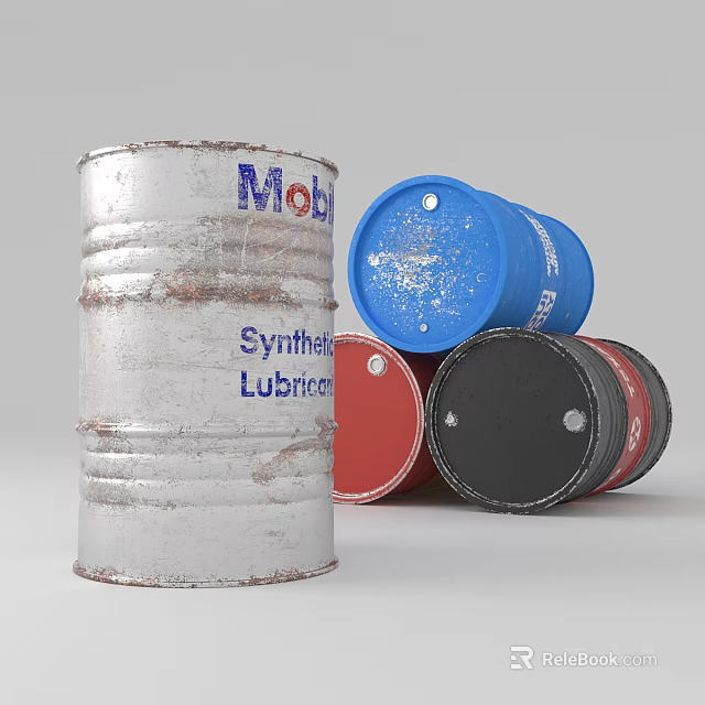 Industrial Equipment Metal Oil Drums with Mobil Synthetic Lubricant Labels in Various Colors 3d model 
