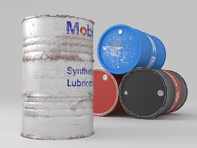 Industrial Equipment Metal Oil Drums with Mobil Synthetic Lubricant Labels in Various Colors 3d model