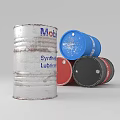 Industrial Equipment Metal Oil Drums with Mobil Synthetic Lubricant Labels in Various Colors