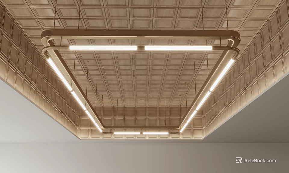 Modern Ceiling Design With Wooden Grid Pattern And Linear Pendant Lights For Minimalist Interior 3d model