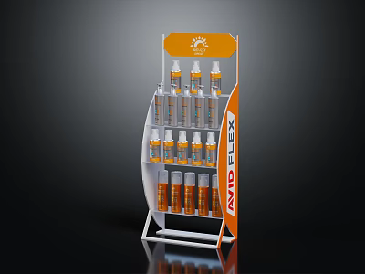 AVID FLEX Display Shelf With Orange And White Bottled Products And Top Logo 3d model